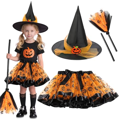 NXPZ Fato de bruxa para menina, fato de Halloween infantil, conjunto completo de 3 peças com saia de Tutu, chapéu e vassoura, ideal para jogos de RPG e festas para meninas de 3 a 12 anos