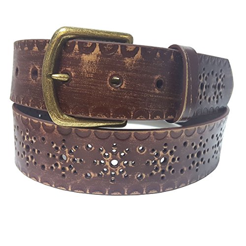 Star Burst Pattern Vintage Belt with Edge Emossing Brown S/M