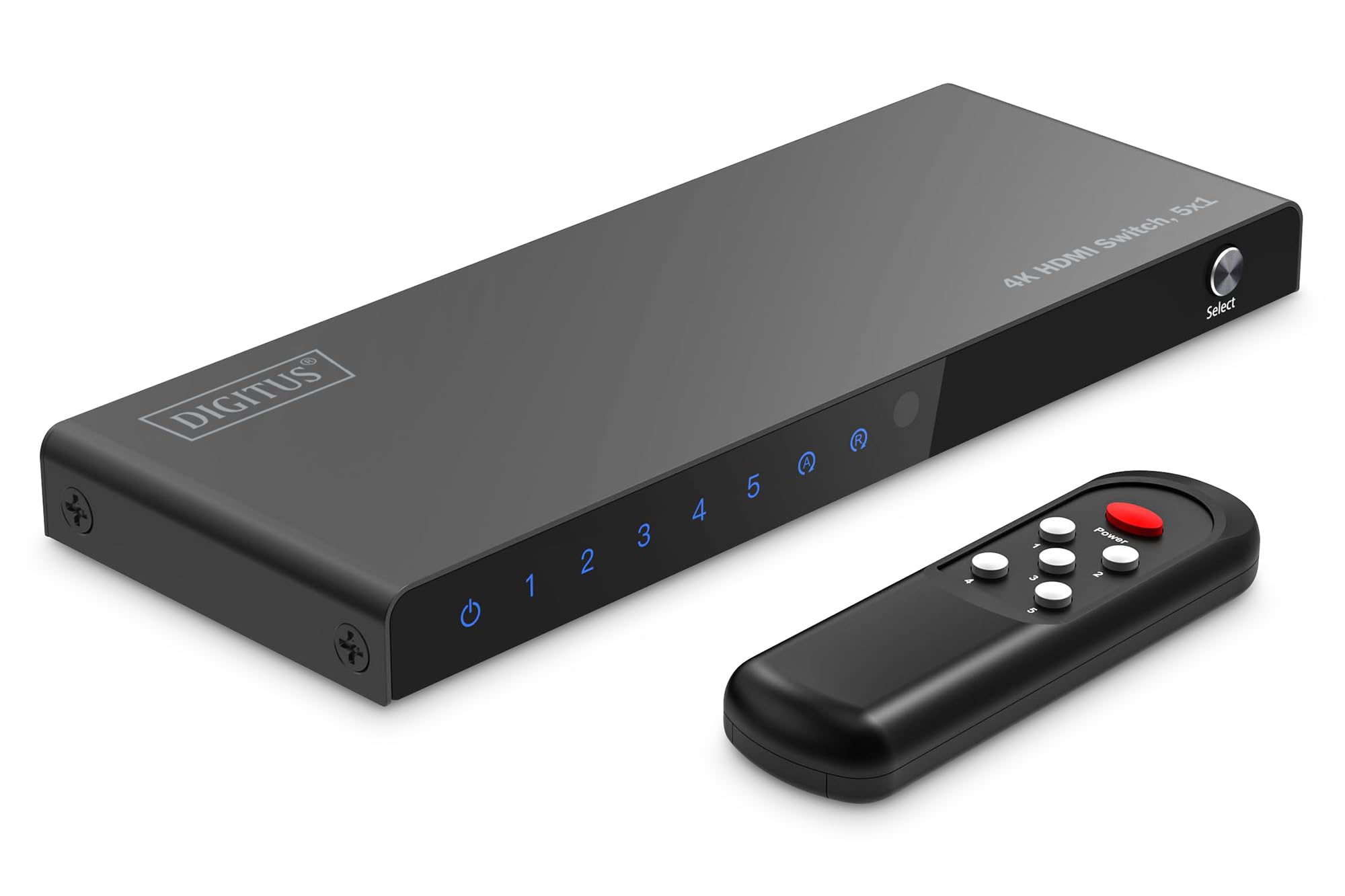 DIGITUS Conmutador HDMI 5x1 – 5 entradas, 1 Salida – UHD 4K/60 Hz – | HDMI 2.0, HDCP 2.2 – HDR, CEC, Deep Color, DTS, Dolby Digital, LPCM – Para televisores, monitores, consolas de videojuegos
