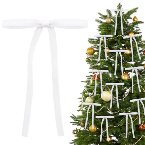 Shining She 30 PCS Christmas Velvet Bows, 5 x 7in Christmas Tree Bow Ornaments, Vintage Velvet Christmas Tree Bow Decorations, Velvet Bows with Twist Ties for Xmas Wreaths Garland Tree, White
