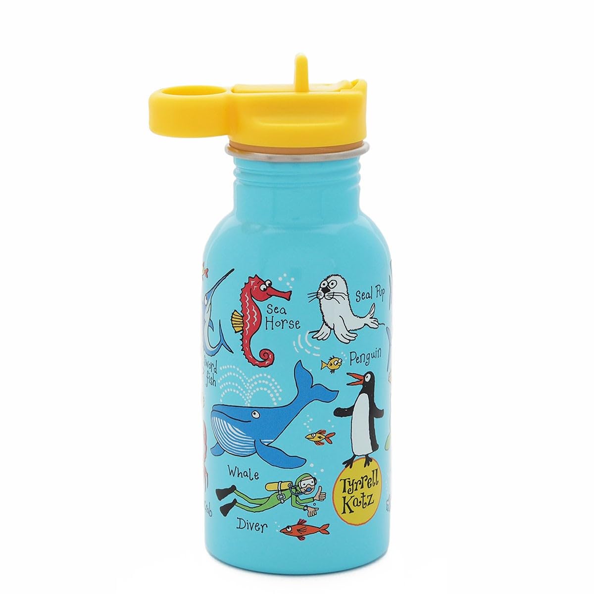 Tyrrell Katz Kids Ocean Printed Drinking Bottle in Blue with Straw - Stainless Steel Dishwasher Safe Children's School Water Flask - 400 ml