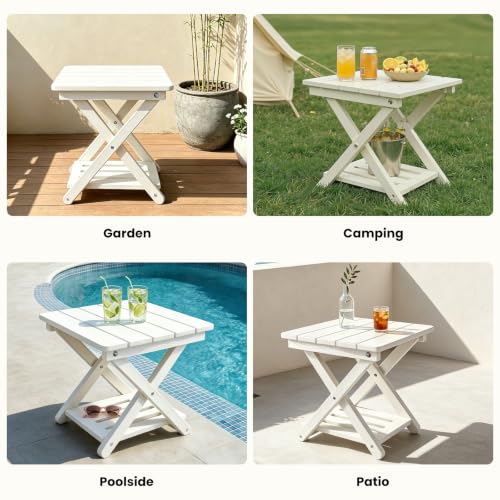 Image of 2-Tier Folding Outdoor Side Table, Heavy Duty HDPE Patio End Table