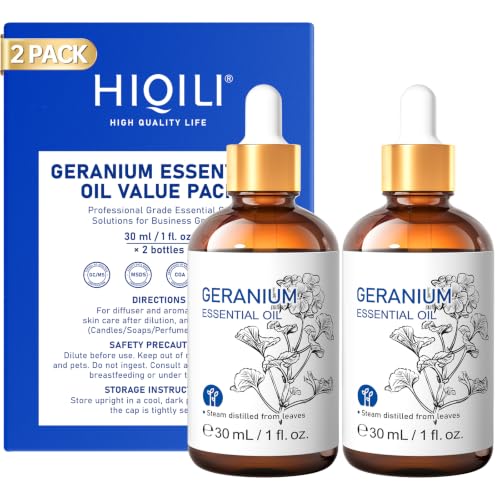 Image of HIQILI Geranium Essential Oil 30ml 2-Piece Set | Perfect for Gifting, Hair Care, Massage, DIY Soap, Outdoor Fresh Scent & Home Cleaning - 1 fl oz (2 pack)