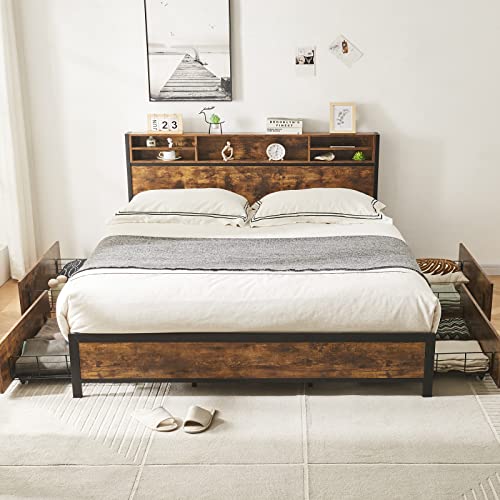 Alohappy King Bed Frame With Bookcase Headboard And 4 Storage Drawers,Metal Platform Bed Frame King Size,Double-Row Support Bars, Easy Assembly, Noise-Free, No Box Spring Needed(Vintage Brown) #TOP19