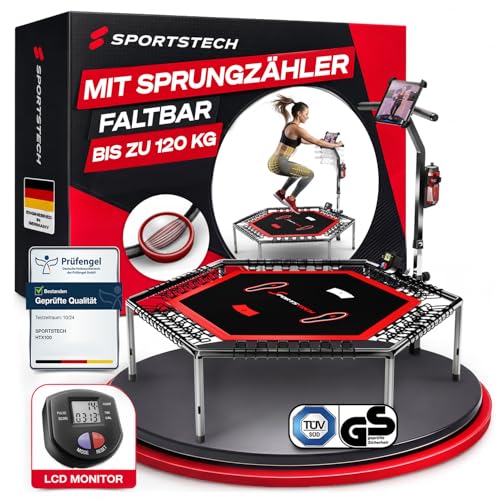 Sportstech HTX100 Fitness Trampolin Indoor Kinder und Erwachsene, 120 kg Belastbarkeit mit elastischer Federung und Tablethalterung, Trampolin klappbar, Rebounder mit Zähler, App, Jump Training