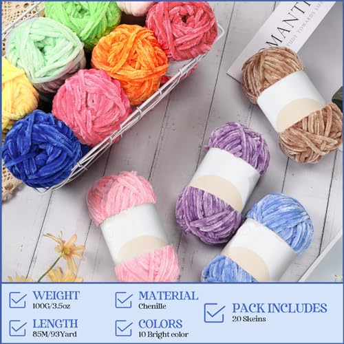 Image of Xinnun 12 Skeins 1116 Yards Chenille Velvet Soft Thick Plush Yarn Bulk for Crocheting Knitting Blanket DIY Weaving Craft, 6mm, 3.5 Oz /Skein(Fresh Color)