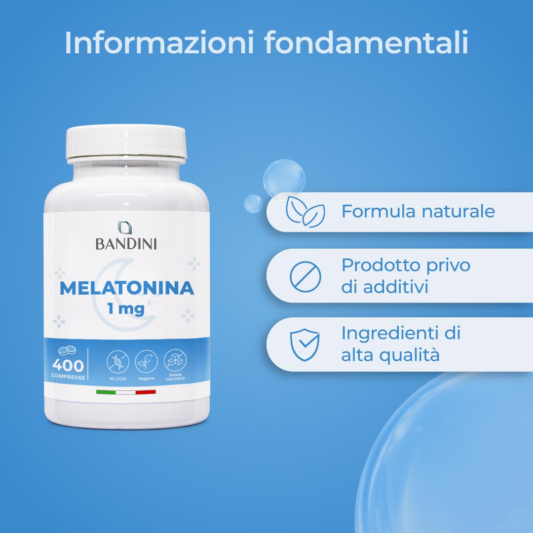 Bandini® Melatonina Forte Pura, 400 Compresse (Scorta + 1 anno), Integratore per Dormire 1mg per Compressa, Facile da Deglutire, Migliora la Qualità del Sonno Regolando il Ciclo Sonno-Veglia, Vegana