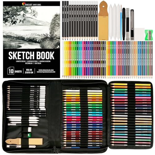 Zenacolor 74-teiliges professionelles Zeichenstifte Set, Federmappe mit 24 Wasserfarb-Malstiften, 12 Buntstifte, 12 metallische Malstifte, 12 Bleistifte und Zubehör - 1 Skizzenbuch