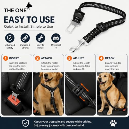 Image of Dog Seat Belts for Cars - Dog Seat Belt Adjustable Elastic Bungee - Strong Durable Dog Car Harness - Car Dog Seat Belt 360 Degree Swivel Attach Won't Twist, Reflective, Easy to Use (BLACK)