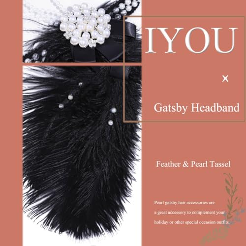 IYOU 1920s Flapper Headband Black Feather Great Gatsby Headpiece Pearl Tassel Vintage Festival Wedding Hair Accessories for Women - Image 3