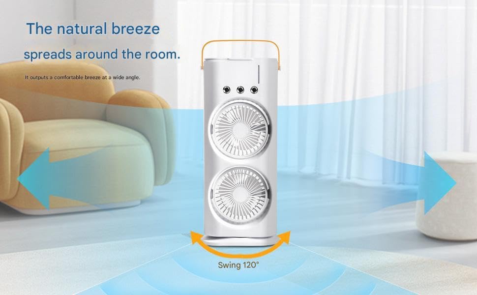 Image of 4000MaH DoUbLe EnDeD SpRaY FaN, CoLd AiR, 2025 NeW 3 GeArS UsB ReChArGeAbLe OsCiLlAtInG OnE WiTh LeD LiGhT CoOlEr, ToUcH & ReMoTe CoNtRoL, 280Ml WaTeR TaNk, IcE FiLlInG