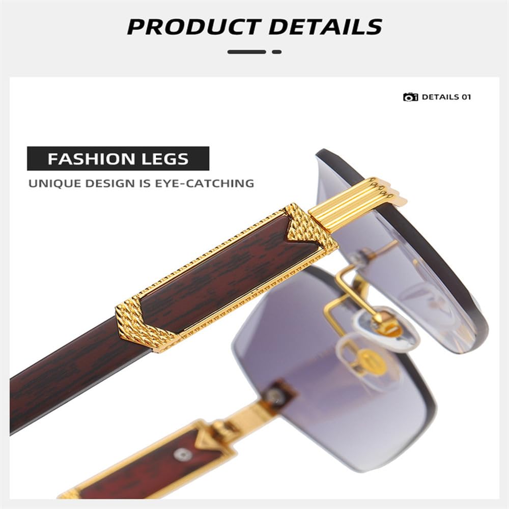 Vintage Sonnenbrille mit rahmenlosen Bügeln in Holzoptik, quadratisch, modisch, Farbverlauf, Herren-Sonnenbrille