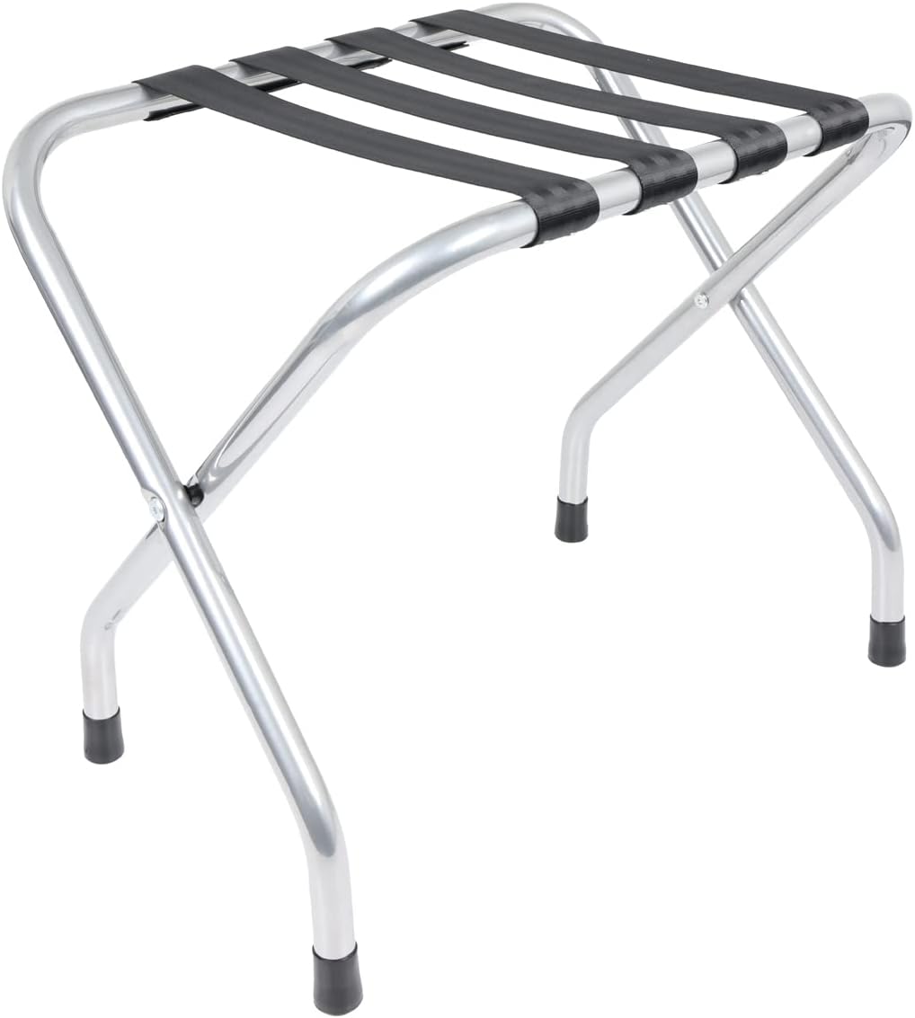 Folding Suitcase Stand – Fully Assembled Hotel Grade Foldable Luggage Rack for Guest Room, Bedroom, or Travel – Space-Saving Furniture Shelf for Suitcases and Bags - Chrome Finish Chrome Alloy Steel