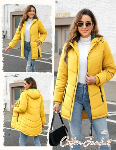 CMTOP Wintermantel Damen Warme Steppmantel Dicker Winterjacke Herbst Winter Steppjacke Parka Lang Reißverschluss Damen-mäntel Casual Winterparka mit Kapuze, Taschen(Gelb, XL)