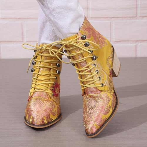 Womens Vintage Floral Embroidered Block Heel Cowboy Ankle Boots Pointed Toe Lace Up Chunky Heel Short Booties3