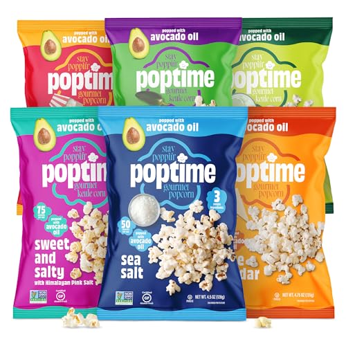 Poptime Popcorn Variety Pack, 6 Snack Bags, Assorted Flavors Sweet
