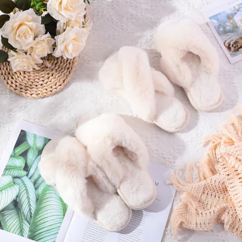12 Pairs Women's Fuzzy Slippers Cross Band Open Toe Bridesmaid Fluffy Comfy House Slippers for Indoor Outdoor Wedding3