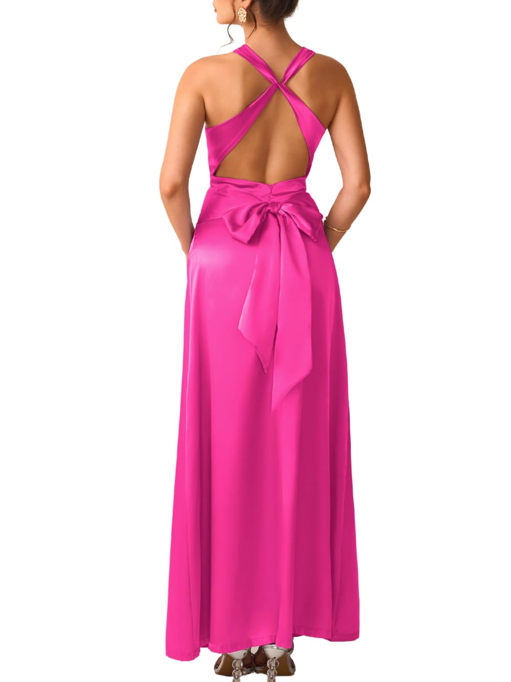Satin Formal Dress V Neck Backless Long Prom Dresses for Women Sexy Elegant Wedding Guest Cocktail Outfit