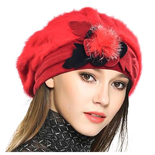 VECRY Femme Laine Béret Français Cloche Angola Robe Bonnet Calotte Chapeaux d'hiver (Rouge)