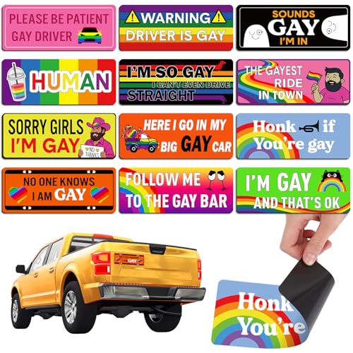 Image of 12 Pcs Gay Pride Funny Magnet Bumper Sticker LGBT Rainbow Pride Prank Magnetic Sign for Vehicle Truck Reusable Magnet Sticker for Fridge(Stylish)