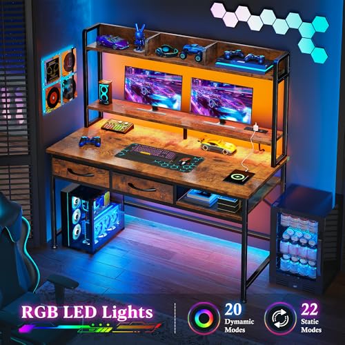 Image of DurayLoly 47.2 inch Computer Desk with Hutch& Drawers,Desk for Bedroom | Eye-protective Soft LED Teen Study Desk Built-in USB Port for Desk Lamps Monitor Stand, Protect Neck & Spine