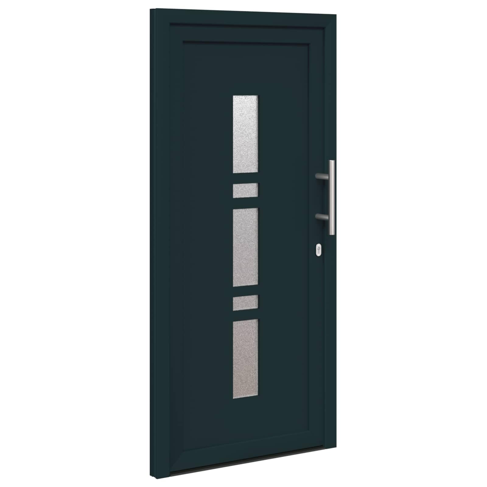 Drzwi przednie antracytowe PCW 98 x 208 cm z wkładką szklaną i uszczelką, łącznie z zamkiem, okuciem, ościeżnicą, progiem, idealne jako drzwi wejściowe, drzwi wejściowe