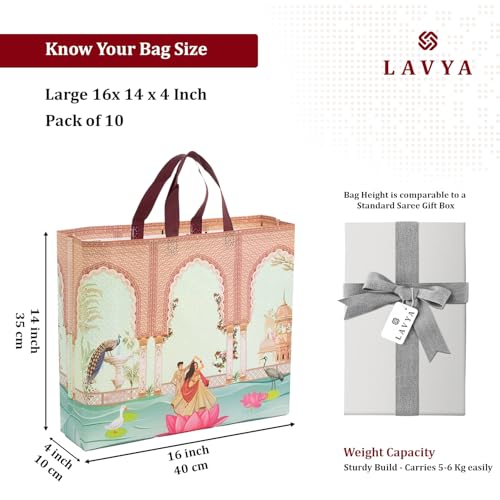 Image of Lavya Large Size Pack of 10 Pcs Reusable Non-Woven Laminated Gift Bags, Wedding Gifts, Shagun, Traditional Gifting, Saree Mithai Chandi Carry Bag (Wedding Special MultiColor, L-16x14x4)