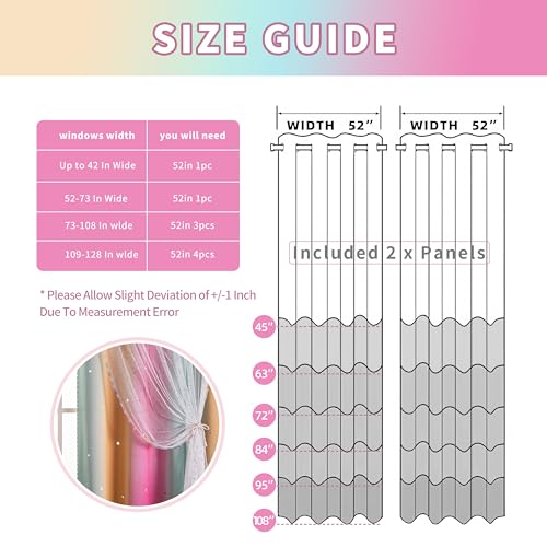 Image of 52x72 Kids & Girls Rainbow Ombre Double Layer Star Cutout Blackout Curtains with Foil Print Sheer, 2 Panels Set - Orange Green Magenta
