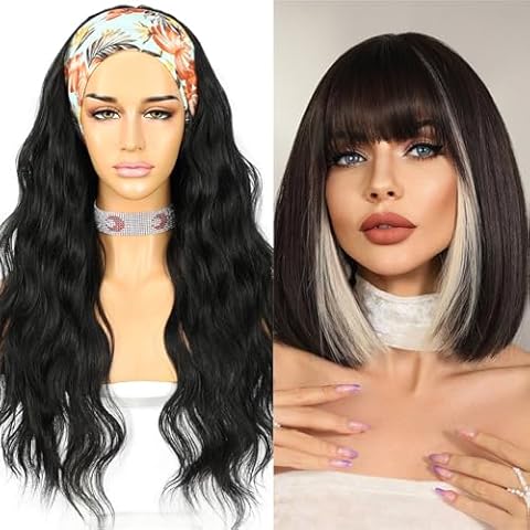 SAPPHIREWIGS Black Wave Headband Wig and Highlight Black with Blonde Bob Wig with Bangs 14inch Cover