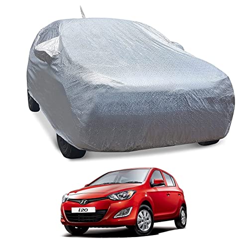 Image of Auto Hub Waterproof Car Cover Compatible with Hyundai I20 with Antenna & Mirror Pockets, Soft Cotton Lining, I20 Car Cover Waterproof, Metallic Silver