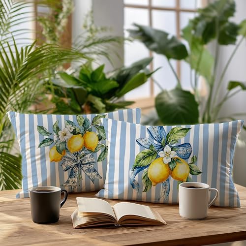 Image of Yellow and Blue Summer Italian Mediterranean Amalfi Coast Lemon Pillow Cover Decor 12x20,Italian Striped Decorative Throw Pillow Cover Decor for Couch Double-Sided Set of 2