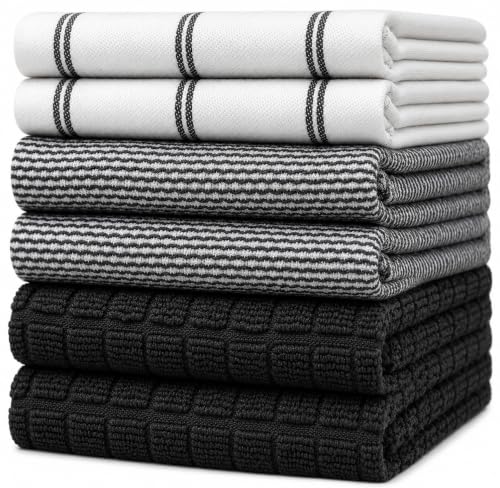 Image of Premium Kitchen Towels (20 inchx 28 inch, 6 Pack) | Large Cotton Dish Towels | Flat & Terry Highly Absorbent Kitchen Linen Set with Hanging Loop | Black Check