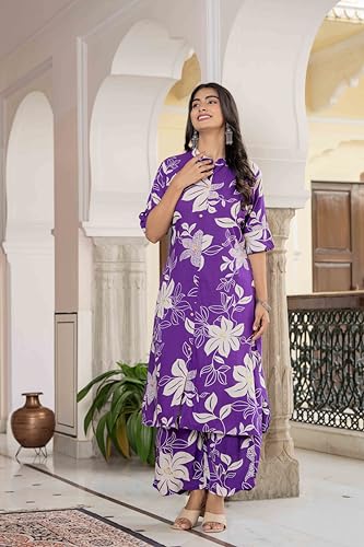 Image of Women's Floral Print Rayon Kurta Palazzo, Round Neck Half Sleeve, Regular Fit, Ethnic Casual Wear