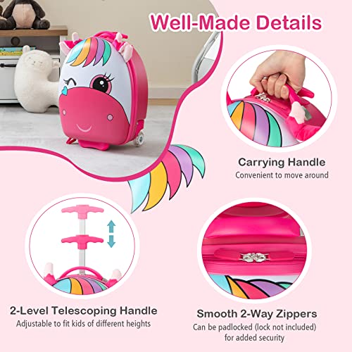 HONEY JOY Kids Luggage, 16” Children Rolling Suitcase w/Light-up Wheels & Telescopic Handle, Hard Shell Lightweight Travel Luggage for Toddlers, Carry On Luggage with Wheels for Boy Girl(Pink Unicorn)3
