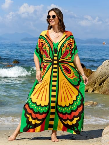 Image of sunforyou Kaftan Dresses for Women Plus Size Lightweight Swimsuit Cover up Batwing Sleeve Print Loungewear Beach Robe