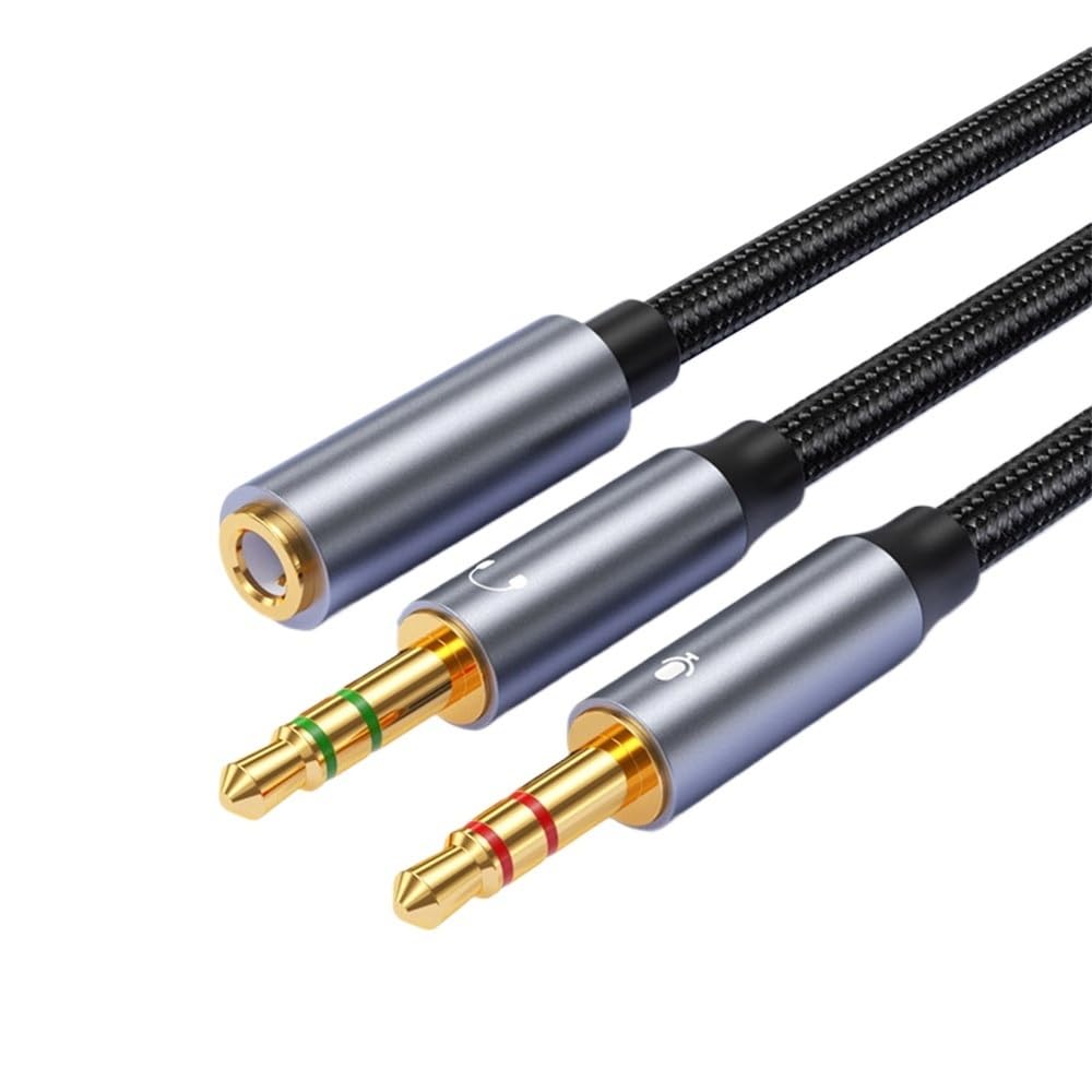 Mikrofon do słuchawek 3,5 mm adapter 2 w 1 kabel AUX słuchawki komputerowe kabel audio 2 w 1 (szary 35 cm)