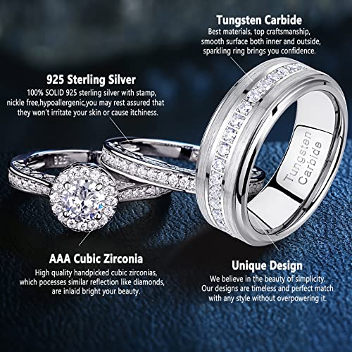 Newshe Jewellery Wedding Rings Set for Him and Her Women Mens Tungsten Bands AAAAA Cz Round 3Ct 925 Sterling Silver Size 5-134
