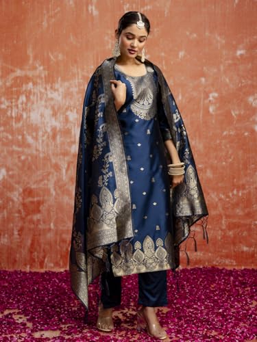 Image of VredeVogel Women's Cotton Silk Blend Zari Work Kurta Pant Set with Jacquard Silk Dupatta | Modern & Traditional Blend Ethnic Wear Set