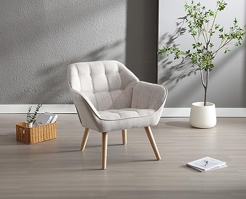 chairus Fauteuil Scandinave de Salon avec Pieds en Bois Modern Chaise de Chambre Capitonné en Lin (Beige-1)