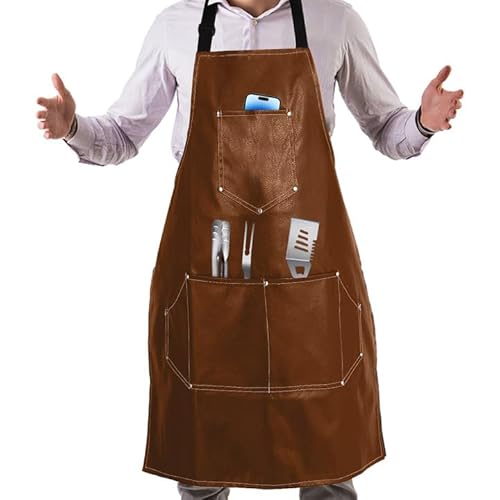 TTSTOIEE Kochschürze, Grillschürze für Männer und Frauen mit 5 Taschen Verstellbar, Grill Schürze für Küche, Restaurant, Cafe, Werkstattreparatur, Maschinenwaschbar sein PU Leder (Braun)