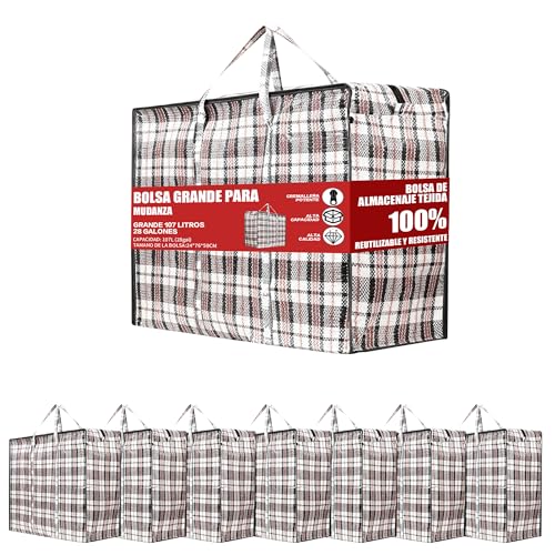 PACK8 Bolsa de Rafia GRANDE para Mudanza y Almacenaje 76x59x24 cm – Reutilizable, Impermeable, con Cremallera y Asas Resistentes