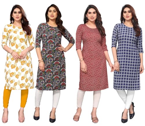 Image of JAKHANA Women's Crepe Printed Casual Straight Calf Length Round Nick Kurta Pack of 4