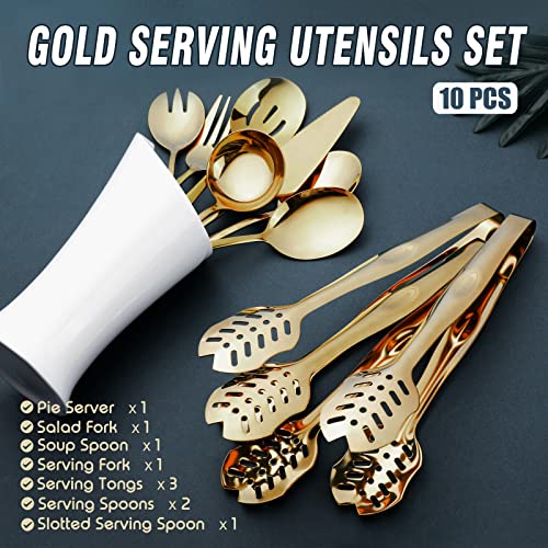 Gold Serving Utensils, OGORI 10-Piece Polished Stainless Steel Gold Serving Utensils Set Include Serving Spoons, Slotted Serving Spoon, Serving Tongs, Serving Fork, Salad Fork, Soup Ladle, Pie Server - Thumbnail 3