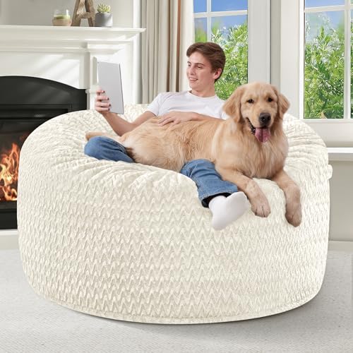 Image of HABUTWAY 4FT Bean Bag Chair,Giant Bean Bag Chairs for Adults,Big Bean Bags with Memory Foam Filled, Large Beanbag Chairs with Chevron Plush Cover-White