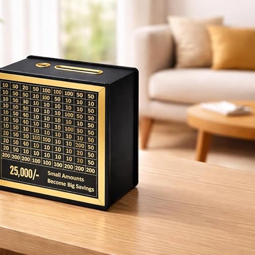 Image of Premium Wooden Money Bank with Lock - Vintage Coin Saving Box for All Ages - Ideal for Cash, Coins, Donations & Home Decor (25K Money Box, 1, Count)