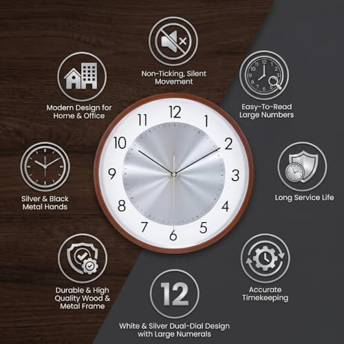 Image of ginoya brothers 12-Inch Round Wall Clock, Silent Non-Ticking Quartz Sweep Movement, Easy-to-Read Easy-to-Read Analog Display Living, Office & Home Decor (Silver)