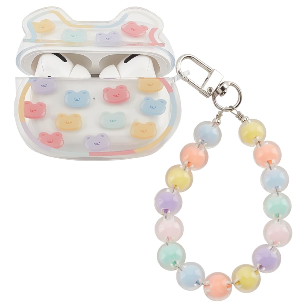 PLIGREAT Iridescent Bear Clear Cover Case for Airpods Pro Cute Cover with Round Bead Bracelet Keychain Fashion Colorful Pendant Protective Case for Airpods Pro