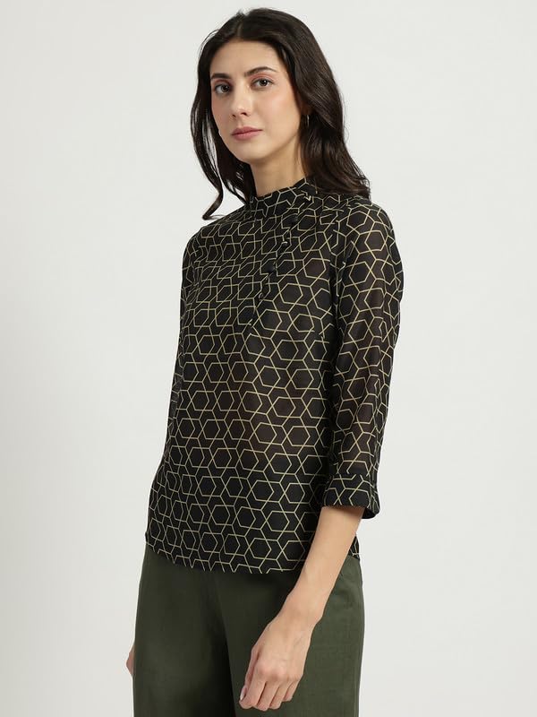 Image of FableStreet Women Formal Top | Asymmetrical Button Placket Band Collar Three-Quarter Sleeves | Pure Cotton Smooth Fabric for Office & Workwear