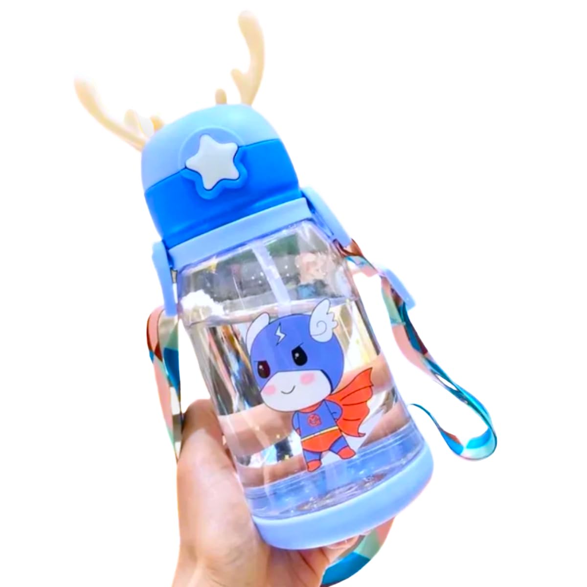 Garrafa de Água Infantil com Canudo Squeeze Portátil Criança (Azul)