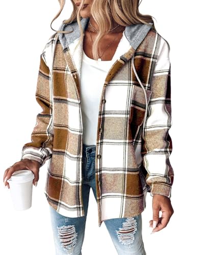 CHICME Womens Lightweight Casual Jacket Plaid Long Sleeve Shacket Fleece Lined Hooded Jackets Warm Coat Khaki-S